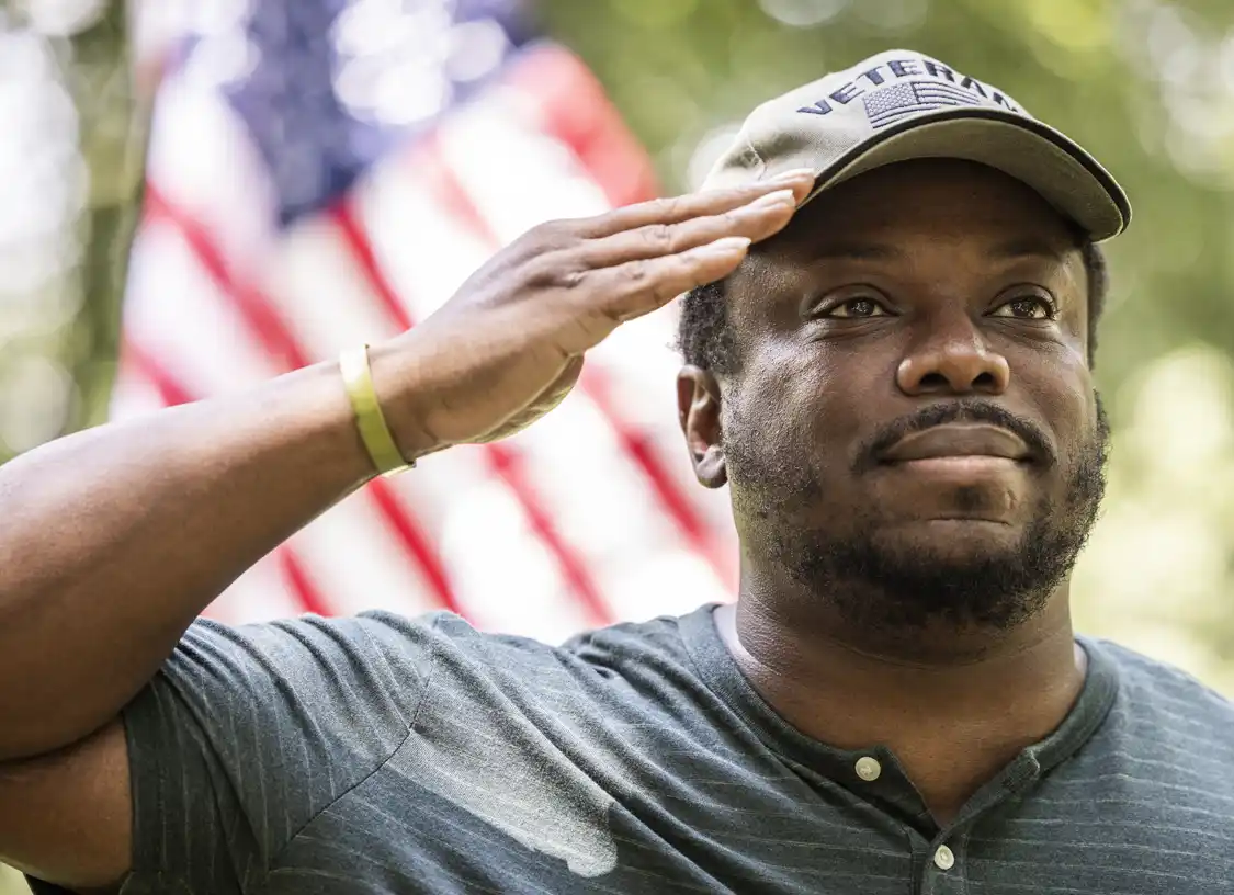 Military Veteran saluting flag